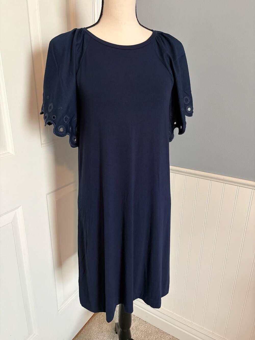 LOFT Navy Blue Eyelet Sleeve Shift Dress Size S NWT